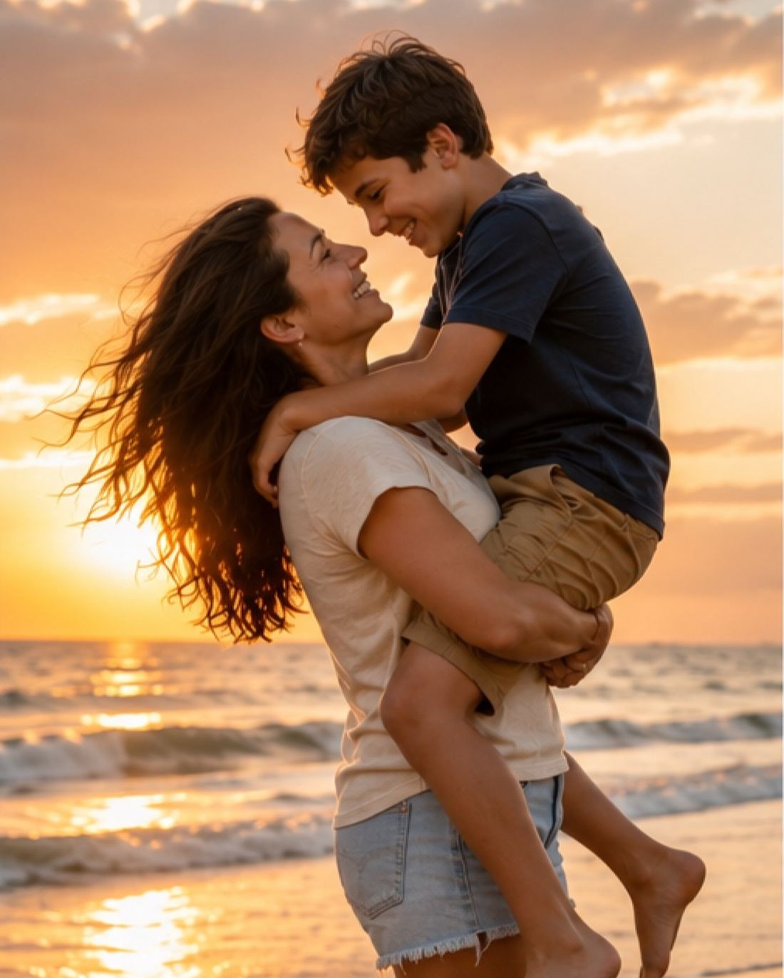 A mother lifting her son at the shoreline, both laughing, at golden hour