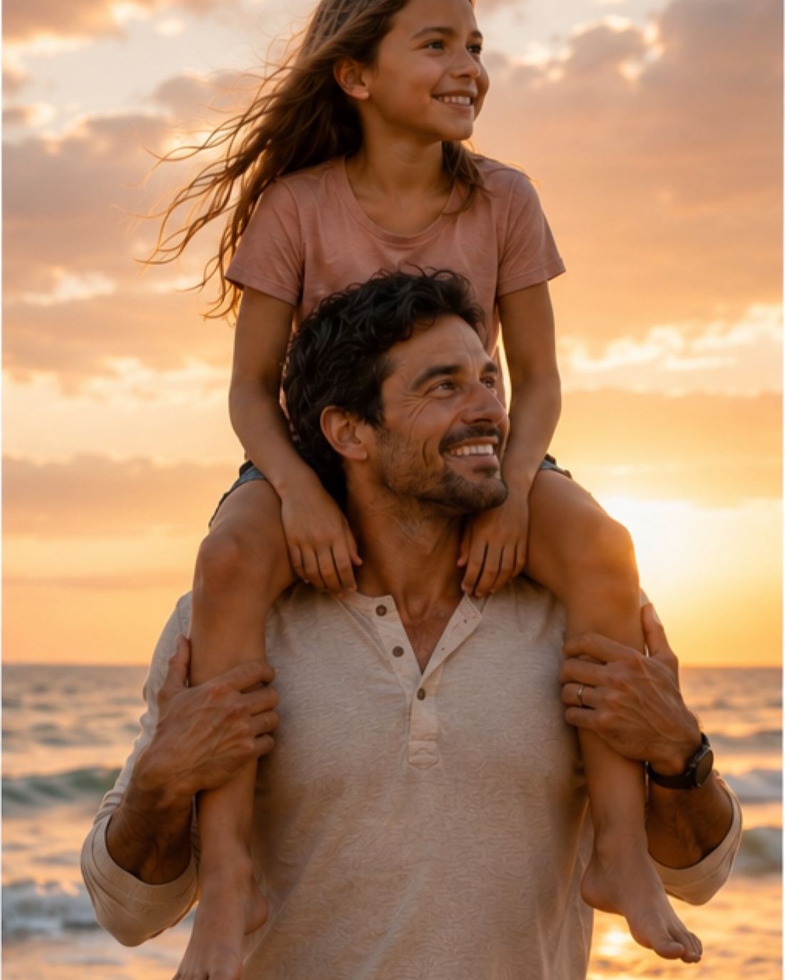 A father carrying his daughter on his shoulders as the sun sets behind them