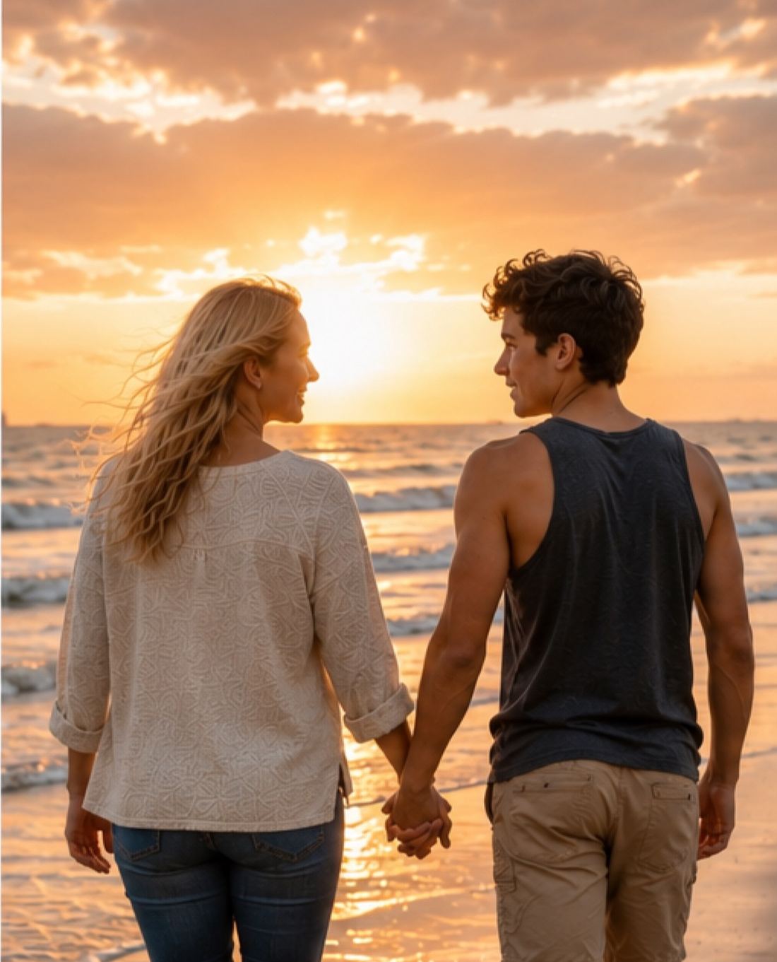A mother and her teenage son walking hand in hand along the surf at sunset